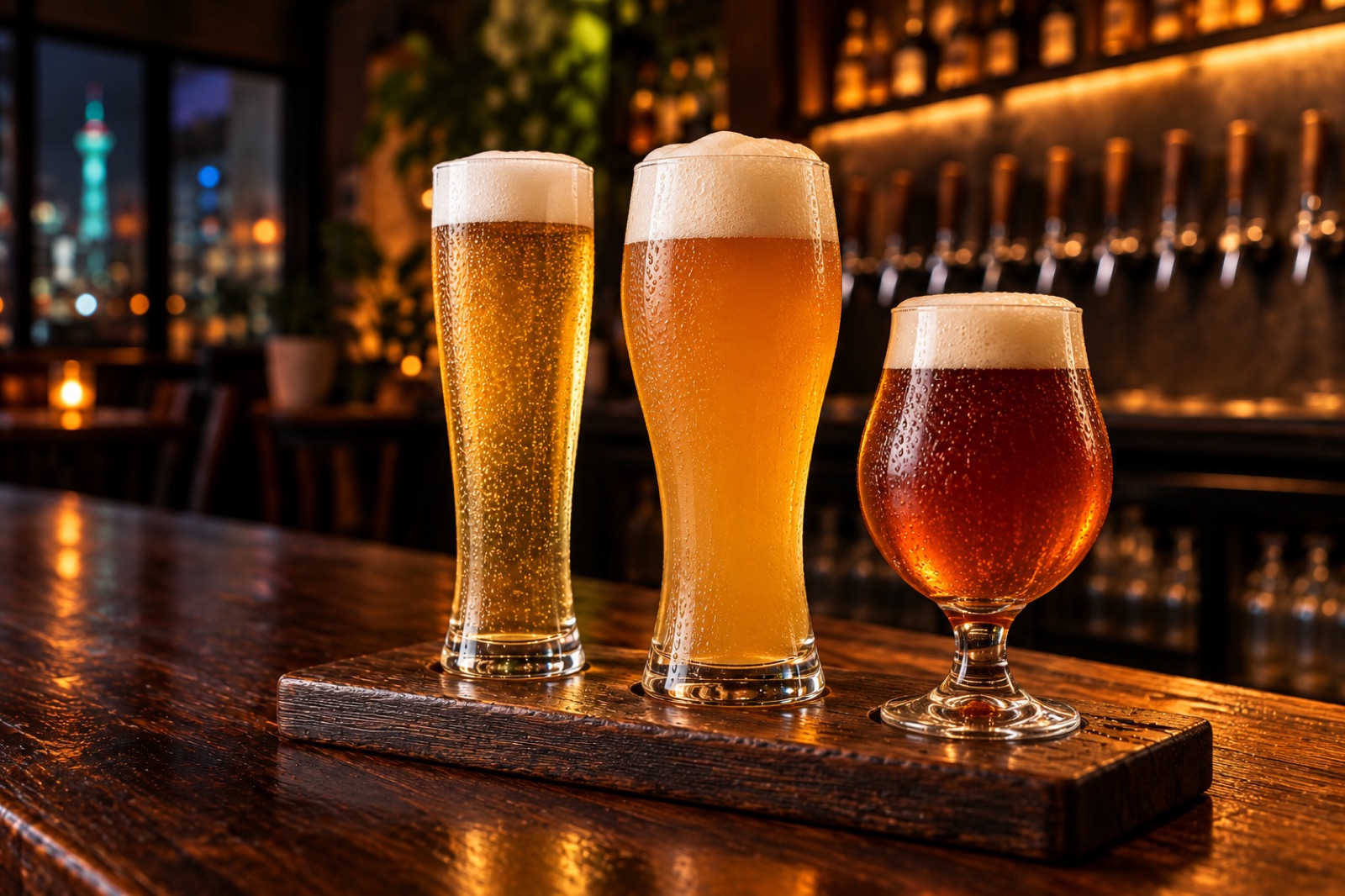 小麦啤高杯、皮尔森杯与 IPA 郁金香杯组成的精酿酒吧静物