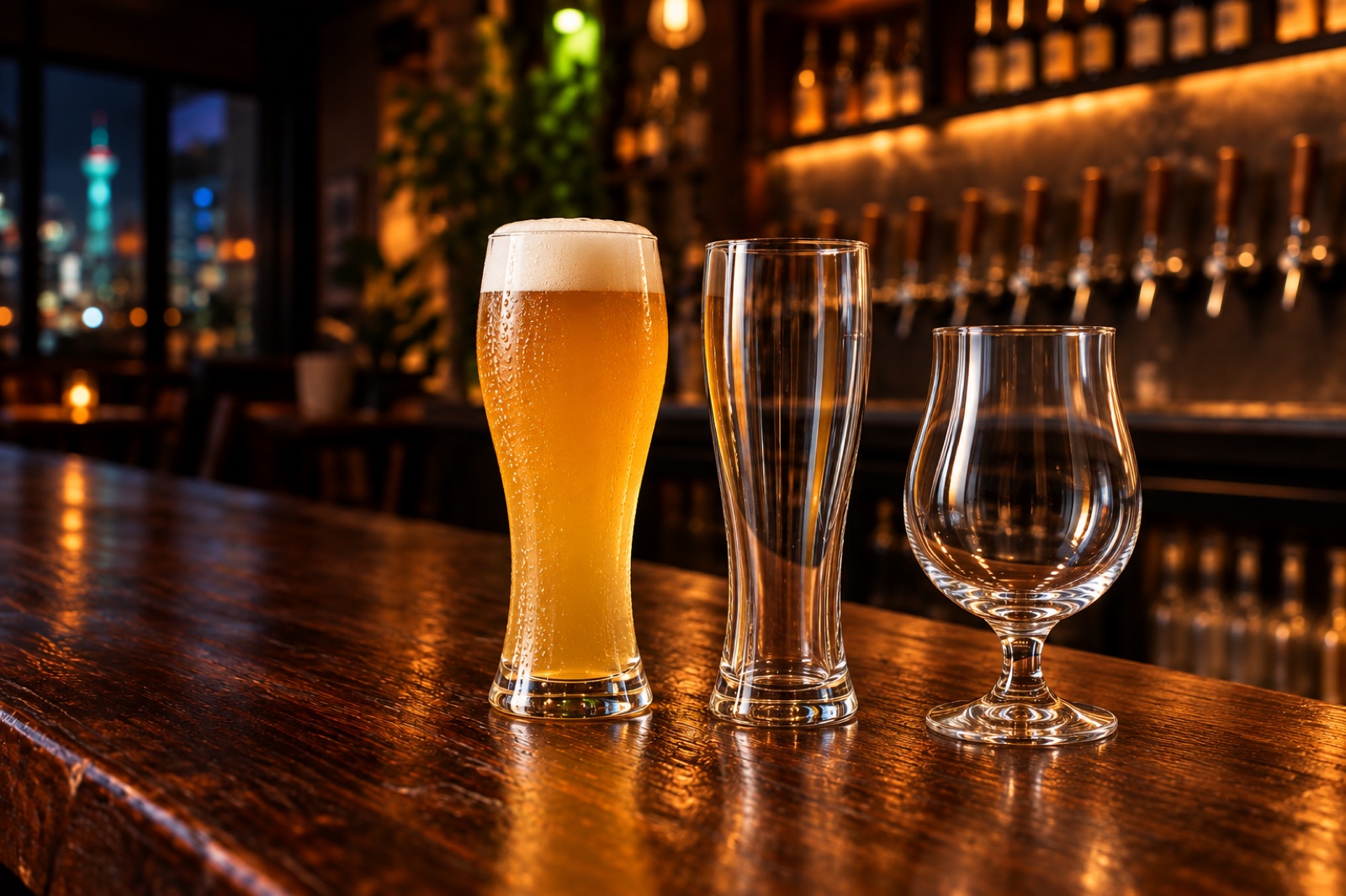 小麦啤高杯、细长皮尔森杯和郁金香杯摆在木吧台上
