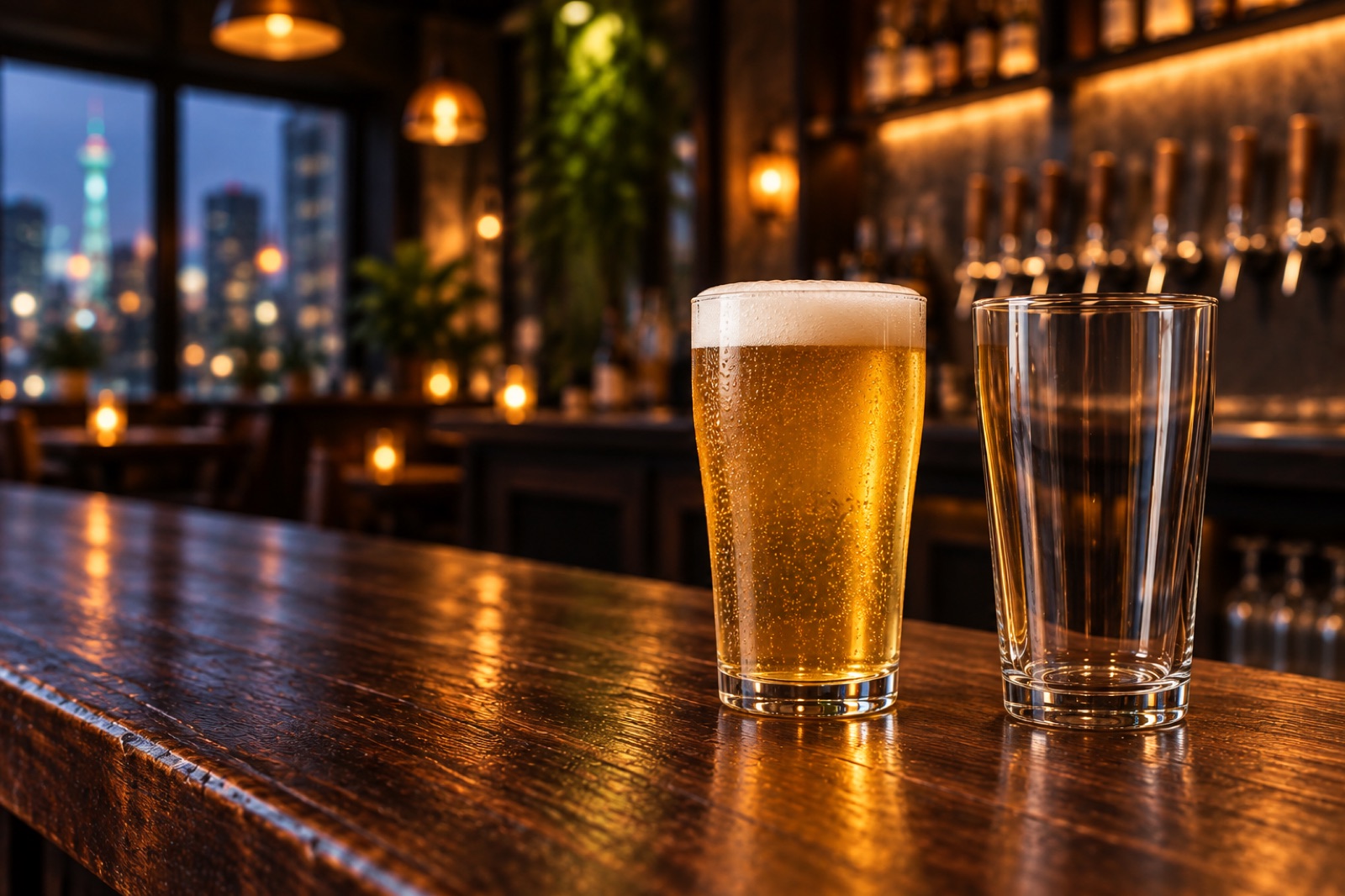 酒吧光线下的一杯啤酒与干净玻璃杯，呈现啤酒品鉴检查的氛围