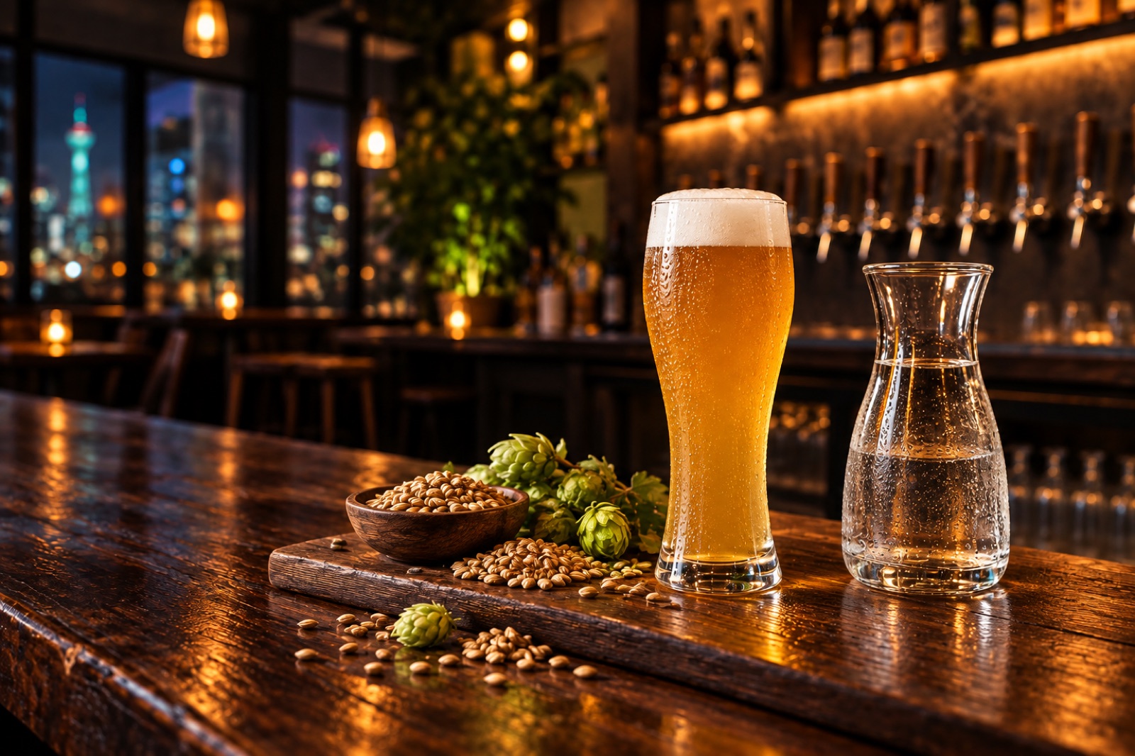 清澈水壶、麦芽和啤酒花旁摆着细长皮尔森杯