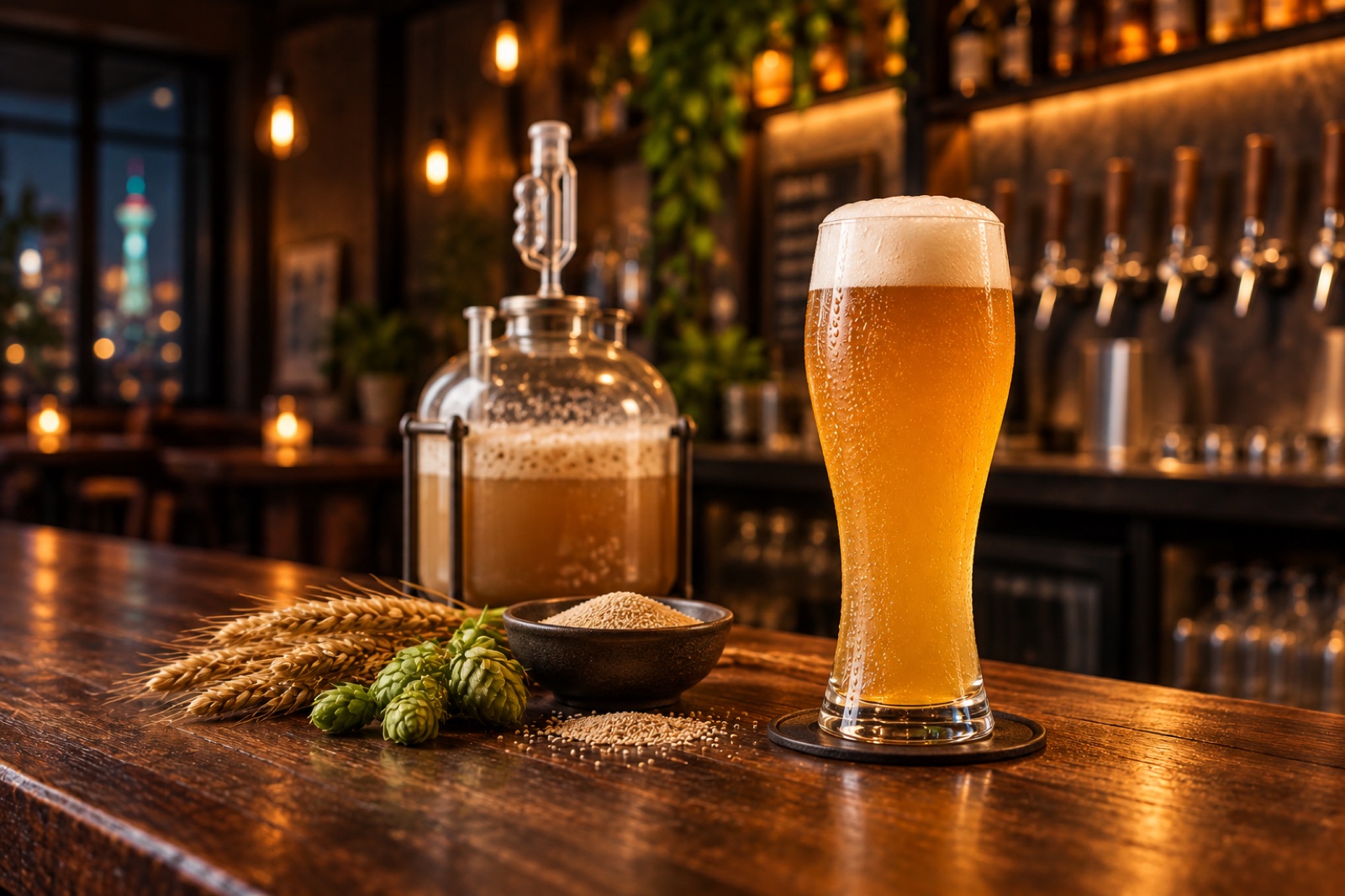 发酵罐、麦芽与一杯金色啤酒构成的精酿酒吧静物