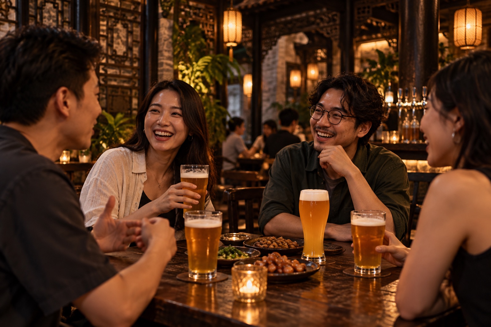 朋友在岭南老宅风格的精酿酒吧交流,桌上有高脚啤酒杯