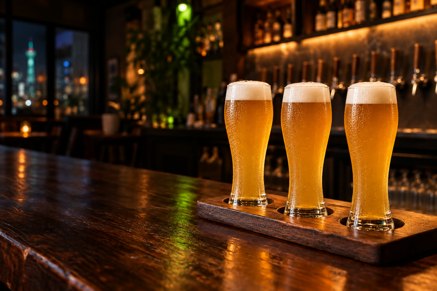 酒吧吧台上的三只小麦啤高杯，盛着金色啤酒