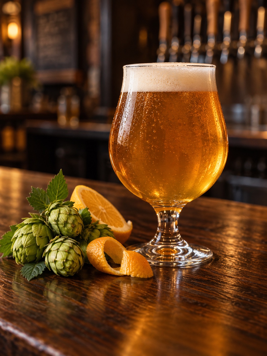 琥珀色 IPA 与啤酒花球果、柑橘皮摆在木质吧台上