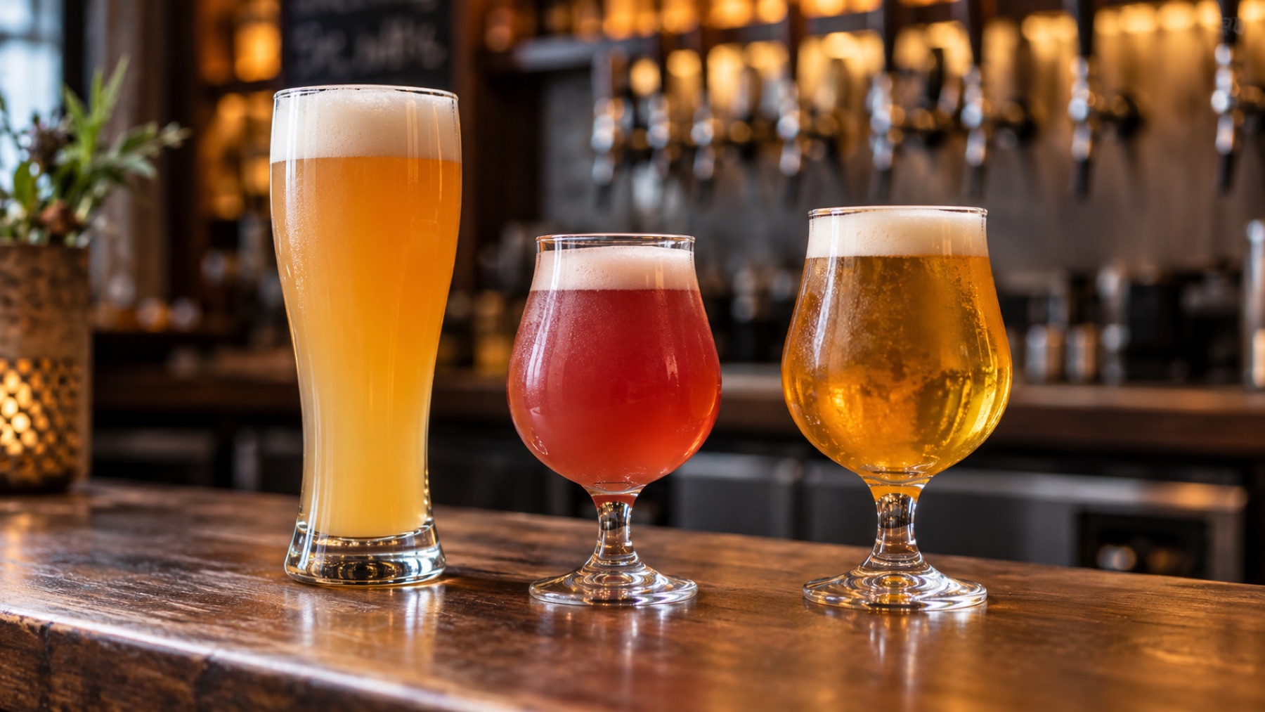 吧台上并排摆着小麦啤、果啤与 IPA，呈现三种不同的颜色和杯型